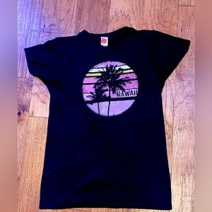 Black Hawaii shirt, white purple, pink, blue, and yellow